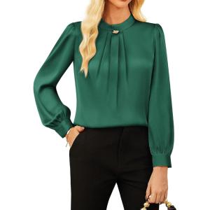 imageGRACE KARIN Womens Long Sleeve Business Casual Tops Dressy Silk Satin Blouse Pleated Mock Neck Shirts Office WorkDark Green