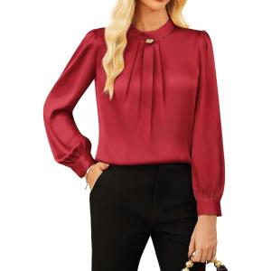 imageGRACE KARIN Womens Long Sleeve Business Casual Tops Dressy Silk Satin Blouse Pleated Mock Neck Shirts Office WorkWine Red
