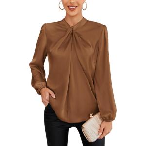 imageGRACE KARIN Womens Long Sleeve Shirts Mock Neck Casual Satin Blouse Tops for Business Office WorkDark Brown