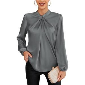 imageGRACE KARIN Womens Long Sleeve Shirts Mock Neck Casual Satin Blouse Tops for Business Office WorkDark Gray