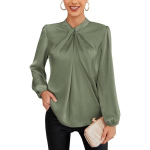 imageGRACE KARIN Womens Long Sleeve Shirts Mock Neck Casual Satin Blouse Tops for Business Office WorkYellow Green