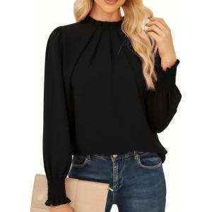 imageGRACE KARIN Womens Long Sleeve Shirts Pleated Mock Neck Tops Dressy Casual Business Work Blouses Fall Fashion 2025Black