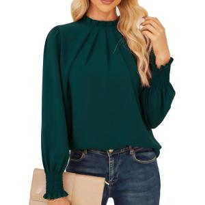 imageGRACE KARIN Womens Long Sleeve Shirts Pleated Mock Neck Tops Dressy Casual Business Work Blouses Fall Fashion 2025Green
