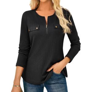 imageGRACE KARIN Womens Waffle Knit Tops 2025 Fall Long Sleeve Shirts Tunic Tops Business Casual Work Blouses with ZipperBlack