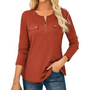 imageGRACE KARIN Womens Waffle Knit Tops 2025 Fall Long Sleeve Shirts Tunic Tops Business Casual Work Blouses with ZipperCaramel