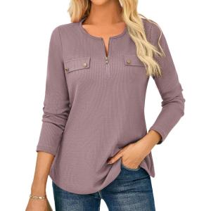 imageGRACE KARIN Womens Waffle Knit Tops 2025 Fall Long Sleeve Shirts Tunic Tops Business Casual Work Blouses with ZipperPale Lavender