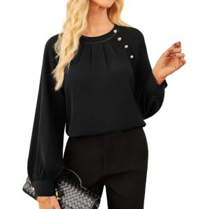 imageWomens Work Tops Business Casual Shirt Elegant Long Sleeve Button Down Blouse 2025Black
