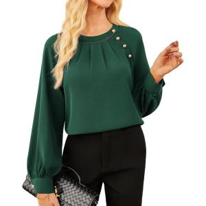 imageWomens Work Tops Business Casual Shirt Elegant Long Sleeve Button Down Blouse 2025Dark Green