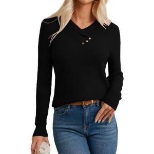 imageGRACE KARIN Sweaters for Women 2025 Fall Long Sleeve V Neck Collared Knitted Pullover Sweaters Dressy Casual TopsBlack