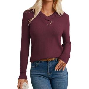 imageGRACE KARIN Sweaters for Women 2025 Fall Long Sleeve V Neck Collared Knitted Pullover Sweaters Dressy Casual TopsWine Red
