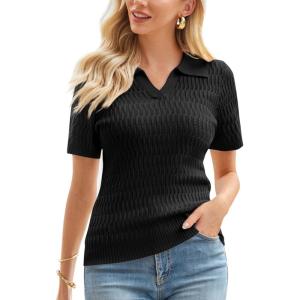 imageGRACE KARIN Womens 2025 Summer Short Sleeve Sweater VNeck Collared Pullover Sweater Tops Lightweight Knit Polo ShirtBlack