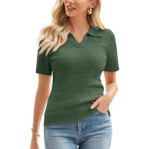imageGRACE KARIN Womens 2025 Summer Short Sleeve Sweater VNeck Collared Pullover Sweater Tops Lightweight Knit Polo ShirtGreen