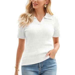 imageGRACE KARIN Womens 2025 Summer Short Sleeve Sweater VNeck Collared Pullover Sweater Tops Lightweight Knit Polo ShirtIvory White