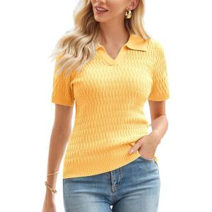imageGRACE KARIN Womens 2025 Summer Short Sleeve Sweater VNeck Collared Pullover Sweater Tops Lightweight Knit Polo ShirtLight Yellow