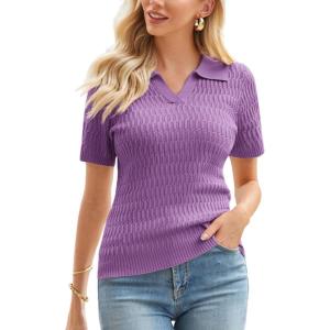 imageGRACE KARIN Womens 2025 Summer Short Sleeve Sweater VNeck Collared Pullover Sweater Tops Lightweight Knit Polo ShirtPurple