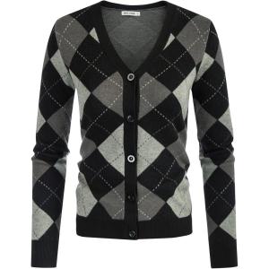 imageGRACE KARIN Womens Cardigan Sweater Fall Long Sleeve Argyle Sweater V Neck Button Up Cardigan Color Block Preppy Clothes