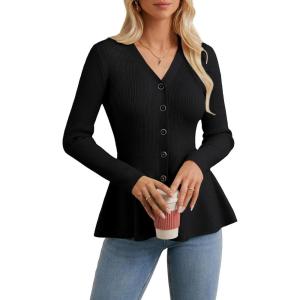 imageGRACE KARIN Long Sleeve Cardigan Sweaters for Women Button Up Knit Blazer Lightweight Business Casual Peplum TopsBlack