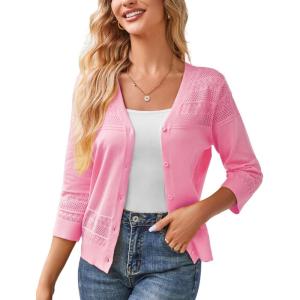 imageGRACE KARIN Womens 2025 Cropped Cardigan 34 Sleeve Lightweight Crochet Shrug HollowedOut Knit Sweater TopsLight Pink