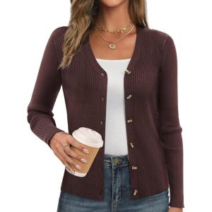 imageGRACE KARIN Womens Fall Knit Cardigan Trendy 2025 Long Sleeve Lightweight Button Up Sweater Open Front Casual JacketCoffee