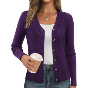 imageGRACE KARIN Womens Fall Knit Cardigan Trendy 2025 Long Sleeve Lightweight Button Up Sweater Open Front Casual JacketDark Purple