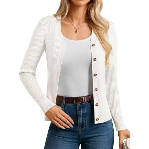 imageGRACE KARIN Womens Fall Knit Cardigan Trendy 2025 Long Sleeve Lightweight Button Up Sweater Open Front Casual JacketWhite