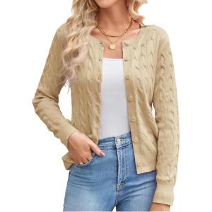 imageGRACE KARIN Womens Long Sleeve Button Up Cable Knit Cardigan Lightweight 2025 Crewneck Button Down Sweaters for WomenBeige
