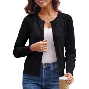 imageGRACE KARIN Womens Long Sleeve Button Up Cable Knit Cardigan Lightweight 2025 Crewneck Button Down Sweaters for WomenBlack