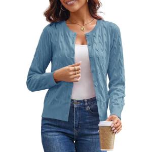 imageGRACE KARIN Womens Long Sleeve Button Up Cable Knit Cardigan Lightweight 2025 Crewneck Button Down Sweaters for WomenBlue Gray