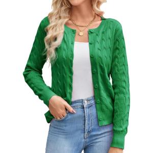 imageGRACE KARIN Womens Long Sleeve Button Up Cable Knit Cardigan Lightweight 2025 Crewneck Button Down Sweaters for WomenGreen