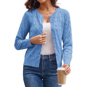 imageGRACE KARIN Womens Long Sleeve Button Up Cable Knit Cardigan Lightweight 2025 Crewneck Button Down Sweaters for WomenLight Blue