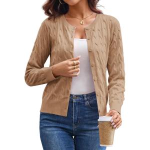 imageGRACE KARIN Womens Long Sleeve Button Up Cable Knit Cardigan Lightweight 2025 Crewneck Button Down Sweaters for WomenLight Khaki
