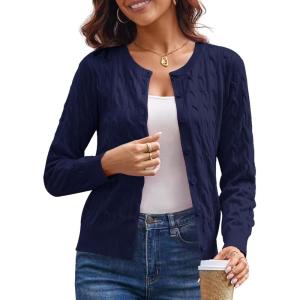 imageGRACE KARIN Womens Long Sleeve Button Up Cable Knit Cardigan Lightweight 2025 Crewneck Button Down Sweaters for WomenNavy Blue