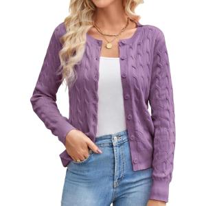 imageGRACE KARIN Womens Long Sleeve Button Up Cable Knit Cardigan Lightweight 2025 Crewneck Button Down Sweaters for WomenPurple