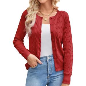 imageGRACE KARIN Womens Long Sleeve Button Up Cable Knit Cardigan Lightweight 2025 Crewneck Button Down Sweaters for WomenRed