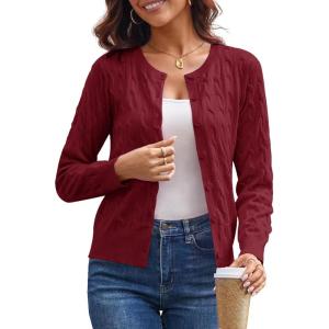imageGRACE KARIN Womens Long Sleeve Button Up Cable Knit Cardigan Lightweight 2025 Crewneck Button Down Sweaters for WomenWine Red