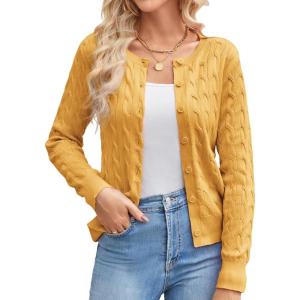 imageGRACE KARIN Womens Long Sleeve Button Up Cable Knit Cardigan Lightweight 2025 Crewneck Button Down Sweaters for WomenYellow