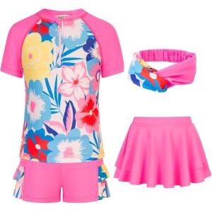 imageGRACE KARIN Girls 3Piece Swimsuit Short Sleeve Rash Guard Bathing Suit Zip Front Swimwear Hot Pink 12Y