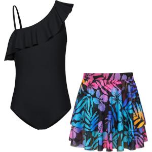 imageGRACE KARIN Girls One Piece Swimsuits with Mesh Skirt Bathing Suit Swimwear 614YBlack