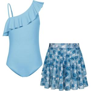 imageGRACE KARIN Girls One Piece Swimsuits with Mesh Skirt Bathing Suit Swimwear 614YBlue Floral