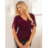 imageGRACE KARIN Womens 34 Length Sleeve Sequin Tops V Neck Velvet Ruched Blouses 2025 Glitter Trendy Party OutfitWine Red