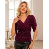imageGRACE KARIN Womens 34 Length Sleeve Sequin Tops V Neck Velvet Ruched Blouses 2025 Glitter Trendy Party OutfitWine Red