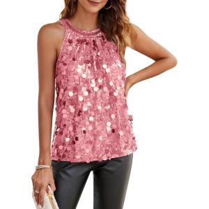 imageGRACE KARIN Halter Sequin Tank Tops for Women Sleeveless Sparkly Glitter Club Outfits Ruched Flowy Shiny Party Concert ShirtPink