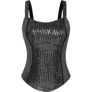 imageGRACE KARIN Sequin Tank Tops for Women Bustier Corset Top Sparkle Sexy Slim Camisole Sleeveless PartyBlack Silver