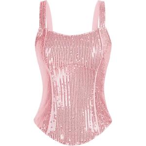 imageGRACE KARIN Sequin Tank Tops for Women Bustier Corset Top Sparkle Sexy Slim Camisole Sleeveless PartyPink