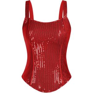 imageGRACE KARIN Sequin Tank Tops for Women Bustier Corset Top Sparkle Sexy Slim Camisole Sleeveless PartyRed