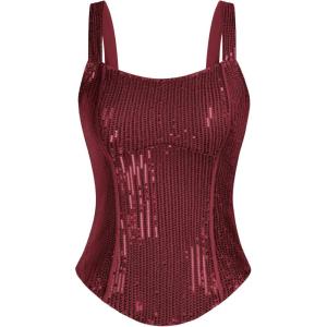imageGRACE KARIN Sequin Tank Tops for Women Bustier Corset Top Sparkle Sexy Slim Camisole Sleeveless PartyWine Red
