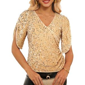 imageGRACE KARIN Womens 34 Length Sleeve Sequin Tops V Neck Velvet Ruched Blouses 2025 Glitter Trendy Party OutfitChampagne