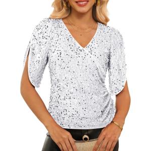 imageGRACE KARIN Womens 34 Length Sleeve Sequin Tops V Neck Velvet Ruched Blouses 2025 Glitter Trendy Party OutfitSilver