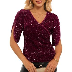 imageGRACE KARIN Womens 34 Length Sleeve Sequin Tops V Neck Velvet Ruched Blouses 2025 Glitter Trendy Party OutfitWine Red