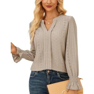 imageGRACE KARIN Womens Long Sleeve Shirts 2025 V Neck Dressy Casual Eyelet Tops Fall Lace Embroidered BlousesApricot